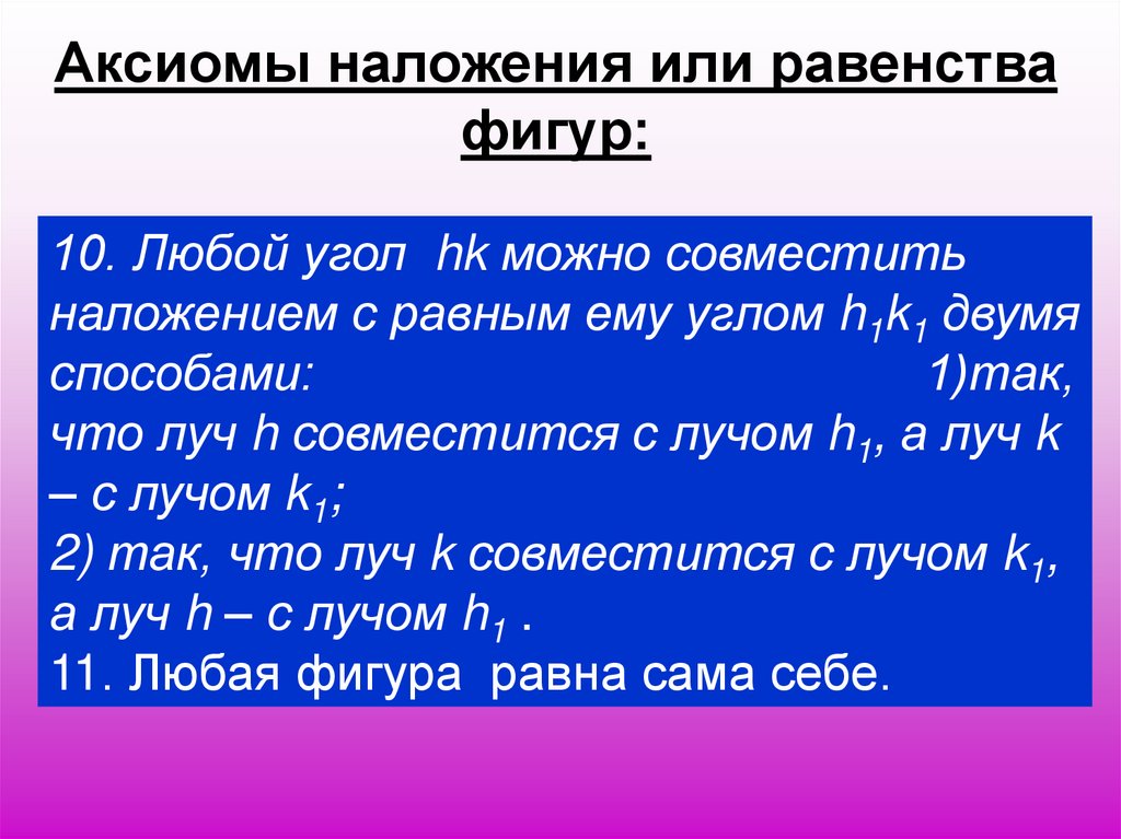 Любой угол. Аксиома о равенстве фигур. Аксиома любой угол HK можно совместить наложением с равным ему углом. Аксиомы наложения. Аксиомы наложения и равенства фигур.