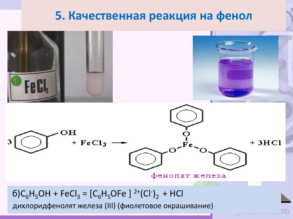 Почему фенол карболовая кислота. 2 Качественные реакции на фенол. Качественная реакция на фенол с хлоридом железа.