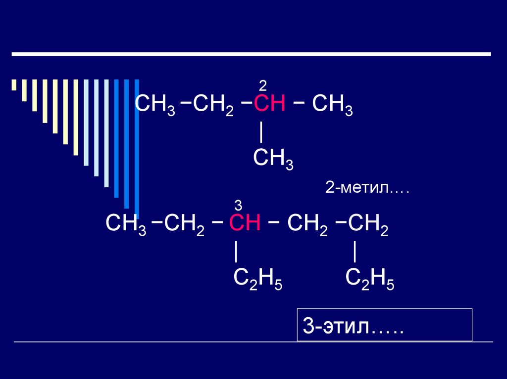 2 СН3 −СН2 −СН − СН3 | СН3 2-метил…. 3 СН3 −СН2 − СН − СН2 −СН2 | | С2Н5 С2Н5