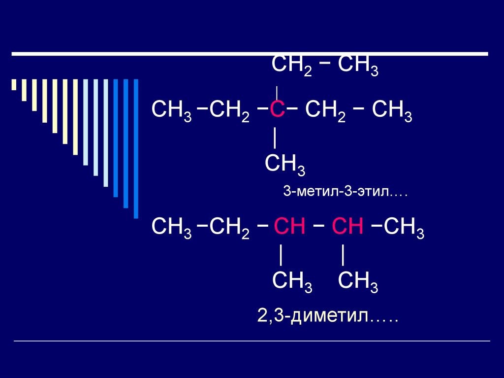 СН2 − СН3 | СН3 −СН2 −С− СН2 − СН3 | СН3 3-метил-3-этил…. СН3 −СН2 − СН − СН −СН3 | | СН3 СН3