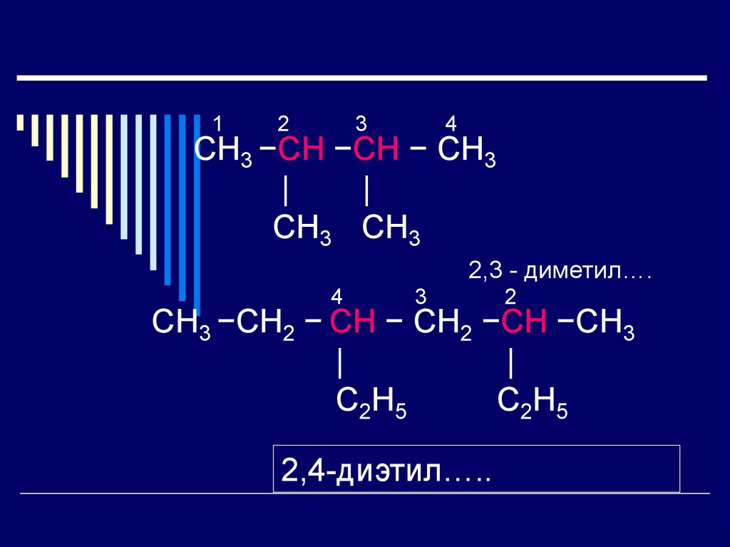 1 2 3 4 СН3 −СН −СН − СН3 | | СН3 СН3 2,3 - диметил…. 4 3 2 СН3 −СН2 − СН − СН2 −СН −СН3 | | С2Н5 С2Н5