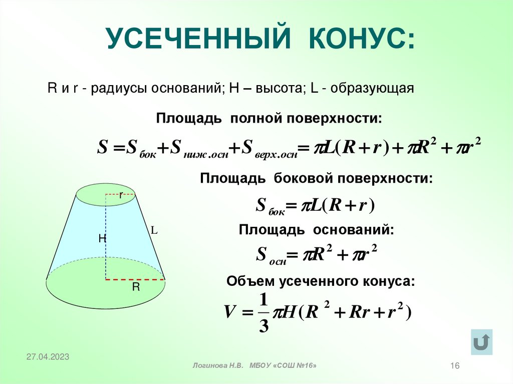 S основания h. Боковая площадь усеченного конуса формула. Площадь основания усеченного конуса. Площадь полной поверхности усеченного конуса формула. Площадь боковой поверхности усечённого конуса формула.