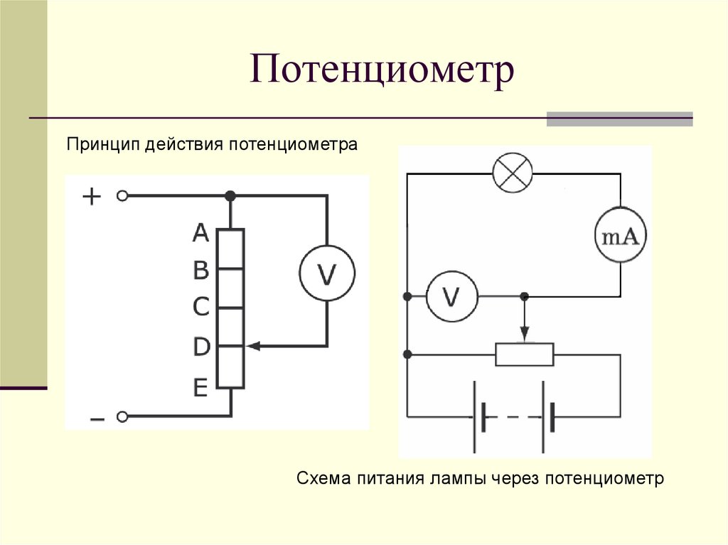 Как подключить сопротивление. Схема включения потенциометра в цепь. Схема потенциометра постоянного тока. Потенциометр химия схема. Бесконтактный потенциометр схема.