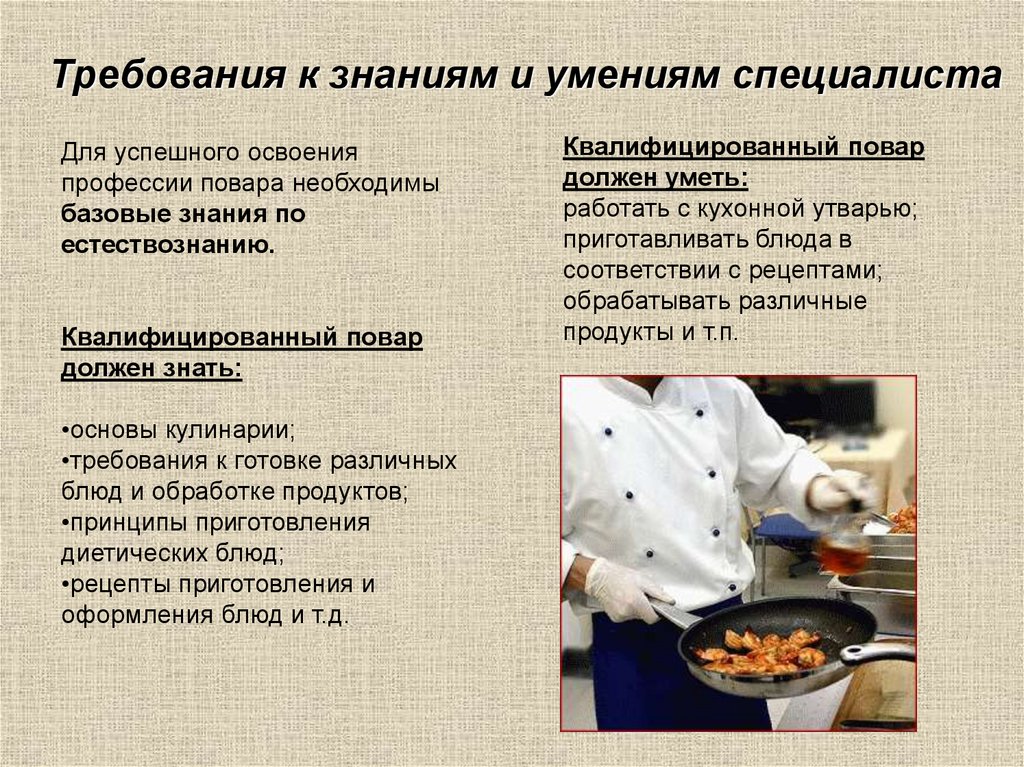 Специалист поварской. Требования к повару. Необходимые качества для повара. Знания и умения повара. Профессионально важные качества повара.