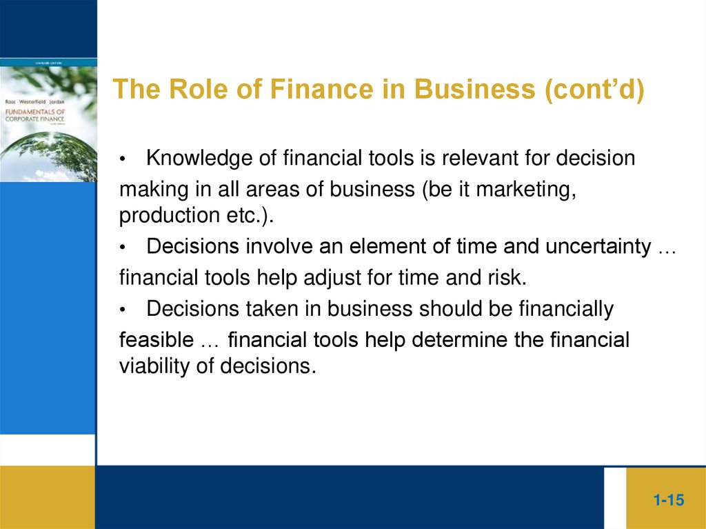 The Role of Finance in Business (cont’d)