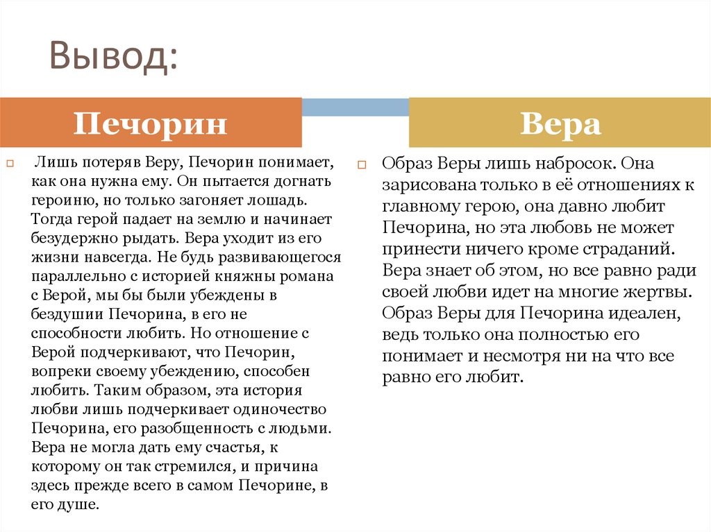 Печорин и Вера в романе Лермонтова