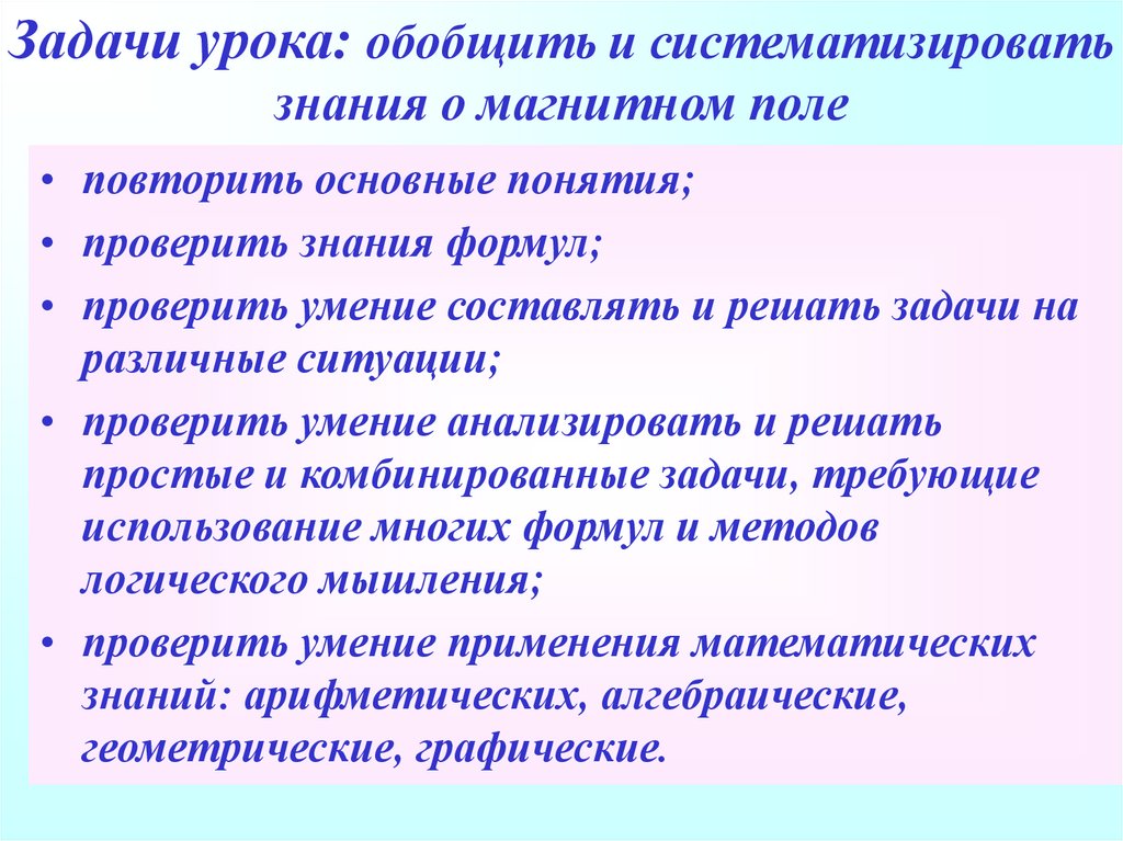 Задачи урока: обобщить и систематизировать знания о магнитном поле