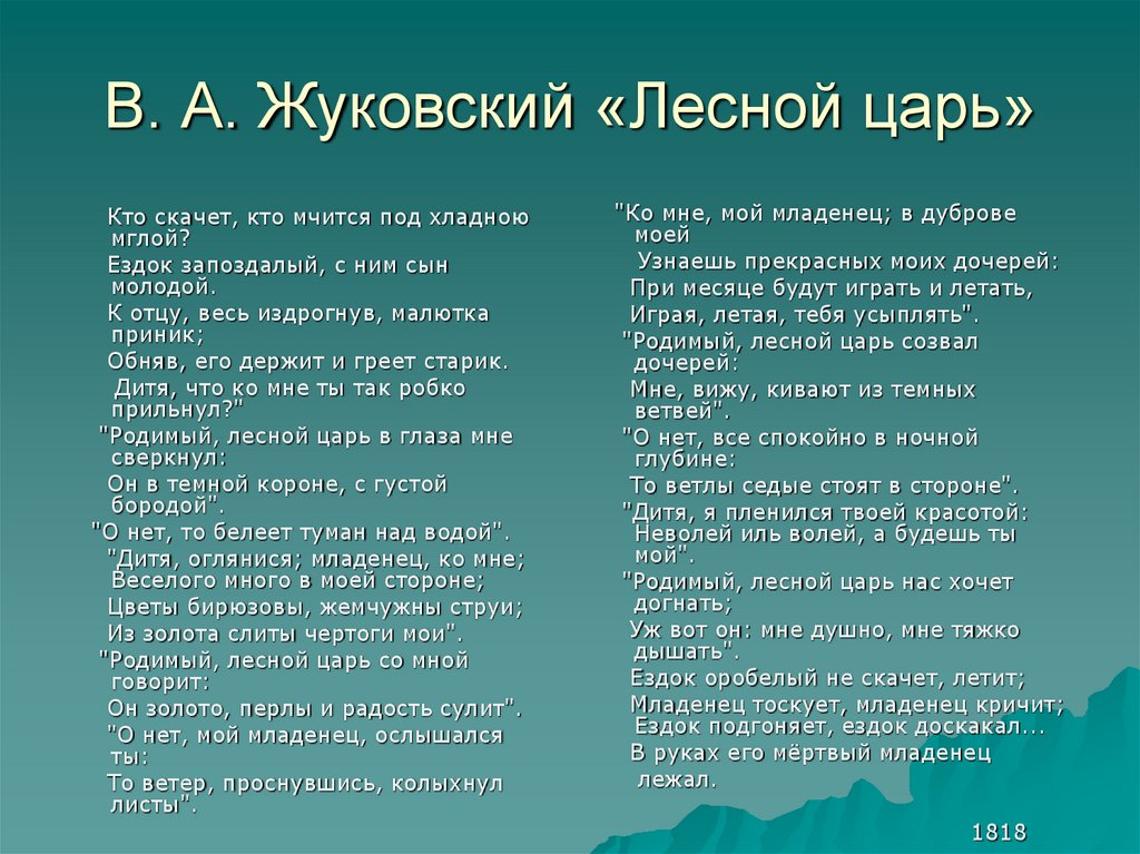 Кто автор баллады лесной царь. Стих Лесной царь Жуковский. Баллада Лесной царь Жуковский. Жуковский Василий Лесной царь стихотворение. Баллада Лесной царь стих.