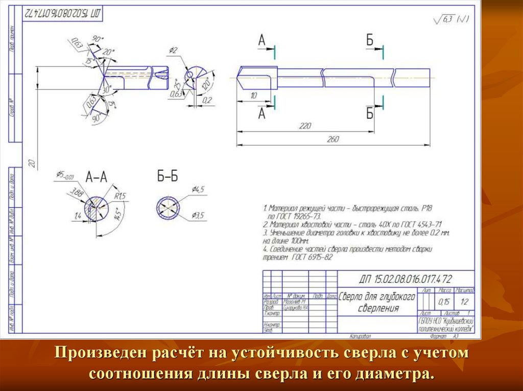 Произведен расчёт на устойчивость сверла с учетом соотношения длины сверла и его диаметра.