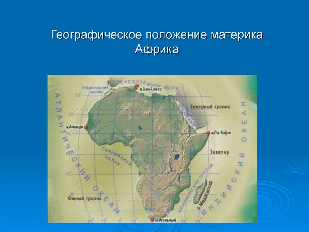 Географическое положение материка Африка. 4 океаны и моря омывающие материк
