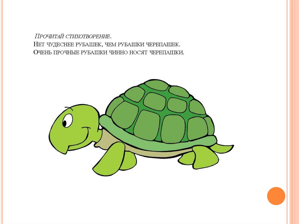 Прочитай стихотворение. Нет чудеснее рубашек, чем рубашки черепашек. Очень прочные рубашки чинно носят черепашки.