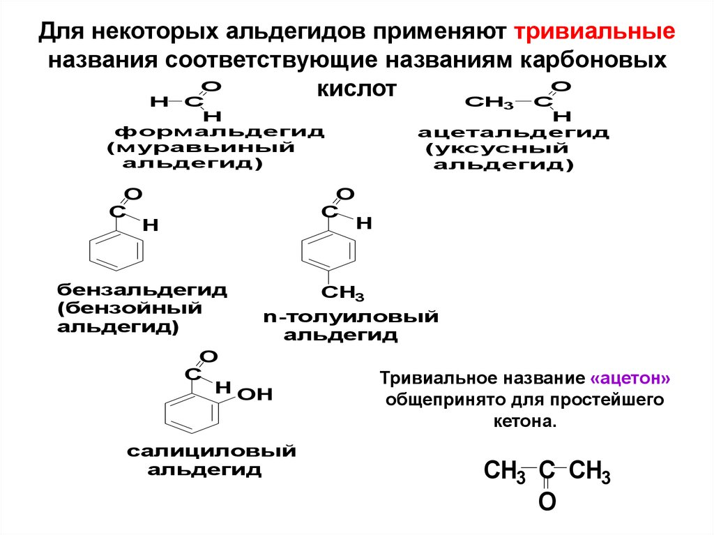 Для некоторых альдегидов применяют тривиальные названия соответствующие названиям карбоновых кислот