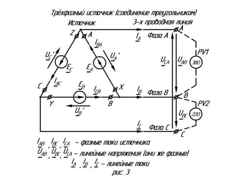 Трехфазное напряжение соединение треугольником. Соединение треугольником в трехфазной цепи. Соединение фаз источника треугольником. Схема трехфазной цепи. Схемы трехфазных источников.