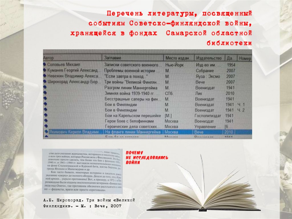 Перечень литературы, посвященный событиям Советско-финляндской войны, хранящейся в фондах Самарской областной библиотеки