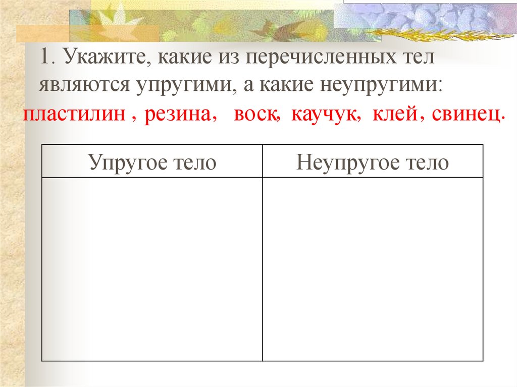 Какие из перечисленных тел. Пластилин упругое тело. Клей это упругое тело или нет. Укажите какие из перечисленных тел упругие а какие не упругие. С кем является веществом свинец упругим или неупругим.