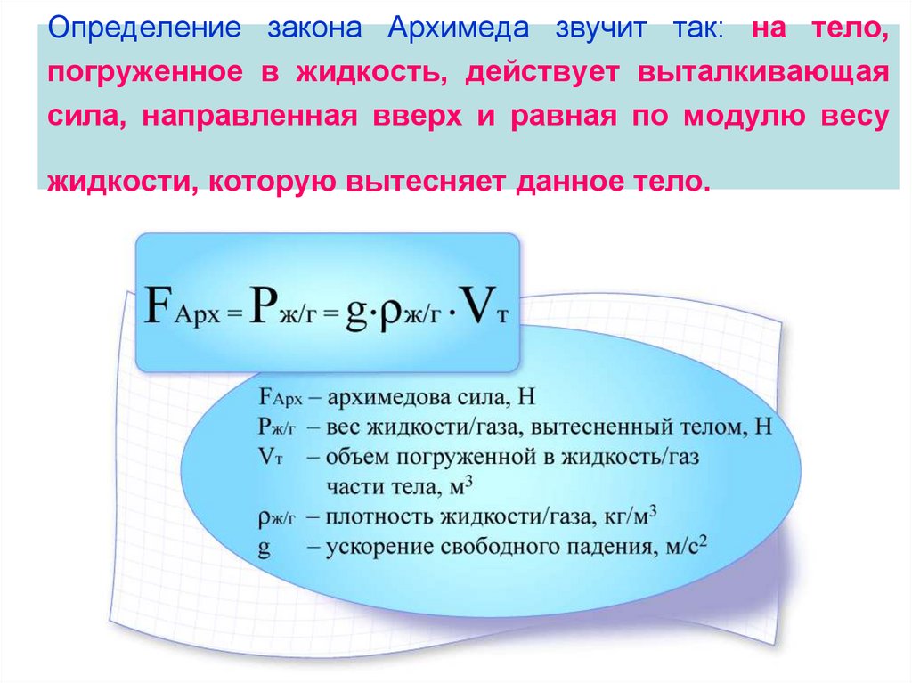 Сила архимеда зависит от массы жидкости. Сила Архимеда вес жидкости. Закон Архимеда 7 класс физика формула. Вес вытесненной жидкости формула. Архимед и его открытия.