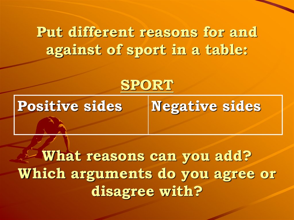 Sport for and against. For and against. Positive Sides.