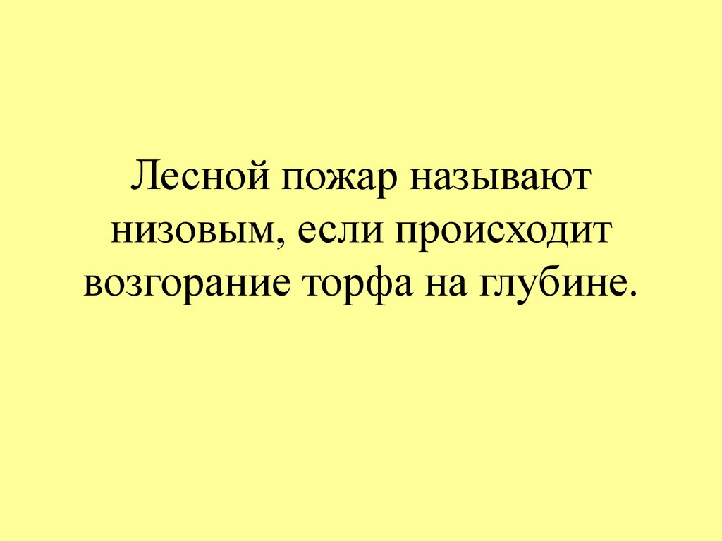 Лесной пожар называют низовым, если происходит возгорание торфа на глубине.