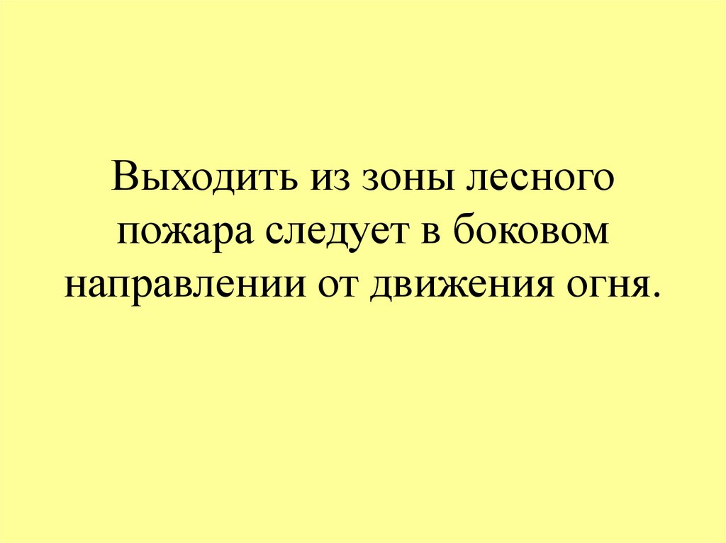 Выходить из зоны лесного пожара следует в боковом направлении от движения огня.