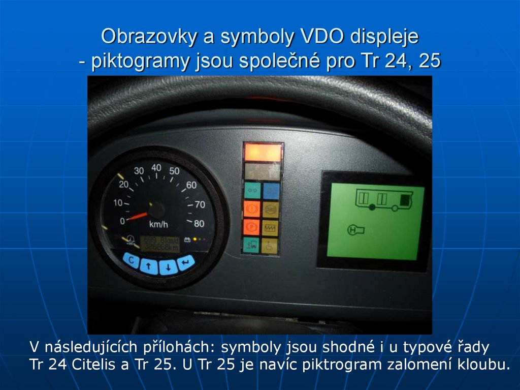 Obrazovky a symboly VDO displeje - piktogramy jsou společné pro Tr 24, 25