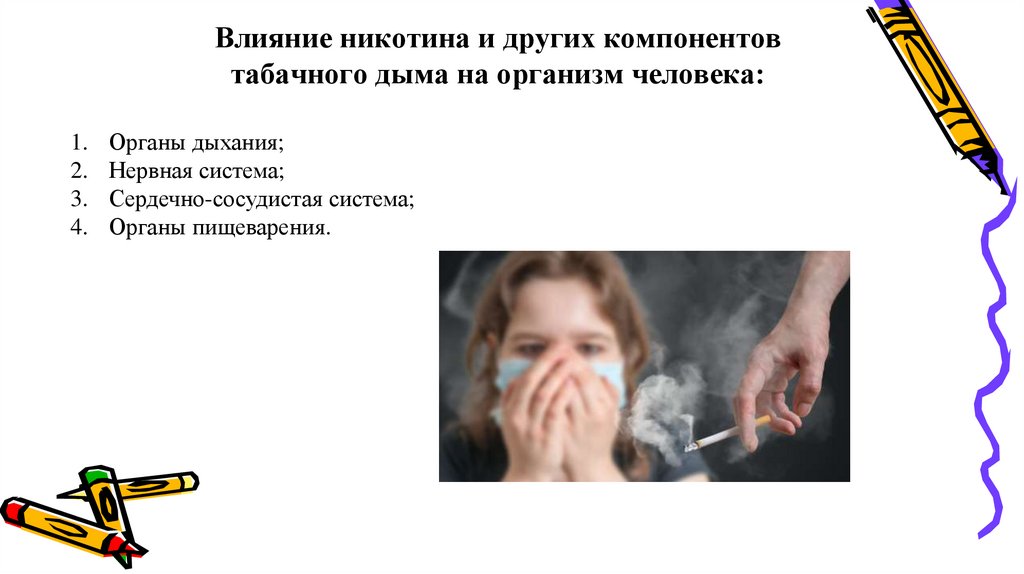 Влияние никотина и других компонентов табачного дыма на организм человека: