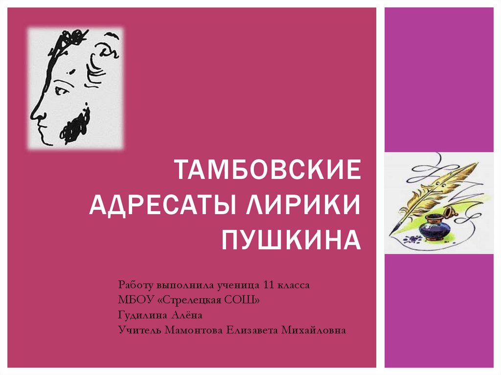 Лирический адресат. Тамбовские адресаты лирики Пушкина. Мамонтова Елизавета Михайловна учитель. Найти тамбовских адресатов лирики Пушкина.. Мамонтова Елизавета Михайловна Тамбов.