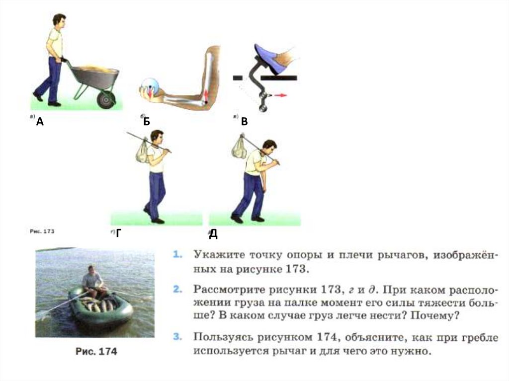 Сила давления рычага на опору. Укажите точку опоры и плечи рычагов на рисунке 173.