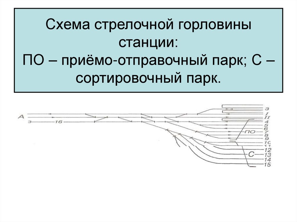 Схема стрелочной горловины станции: ПО – приёмо-отправочный парк; С – сортировочный парк.
