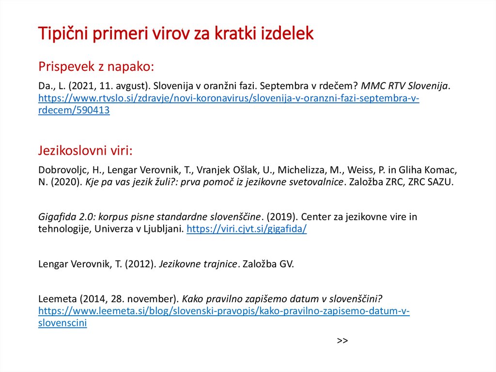 Tipični primeri virov za kratki izdelek