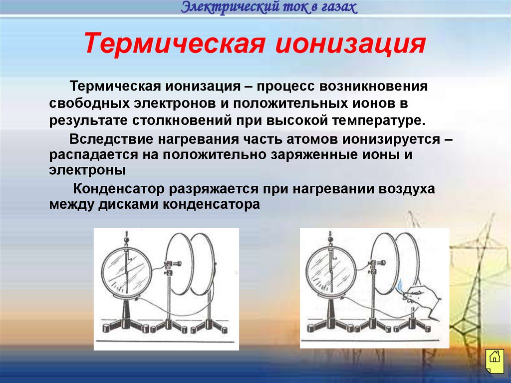 Электрический ток в газах. Термическая ионизация. Ионизация газов физика. Ионизатор это в физике. Термическая ионизация газов.