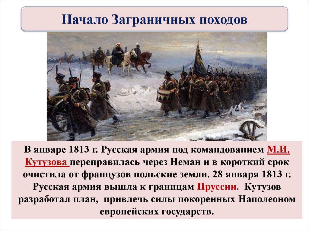 Начало заграничных походов. 1813 — Начался заграничный поход русской армии.. Начало заграничного похода русской армии. 1813 Год в истории России. Январь 1813 г.