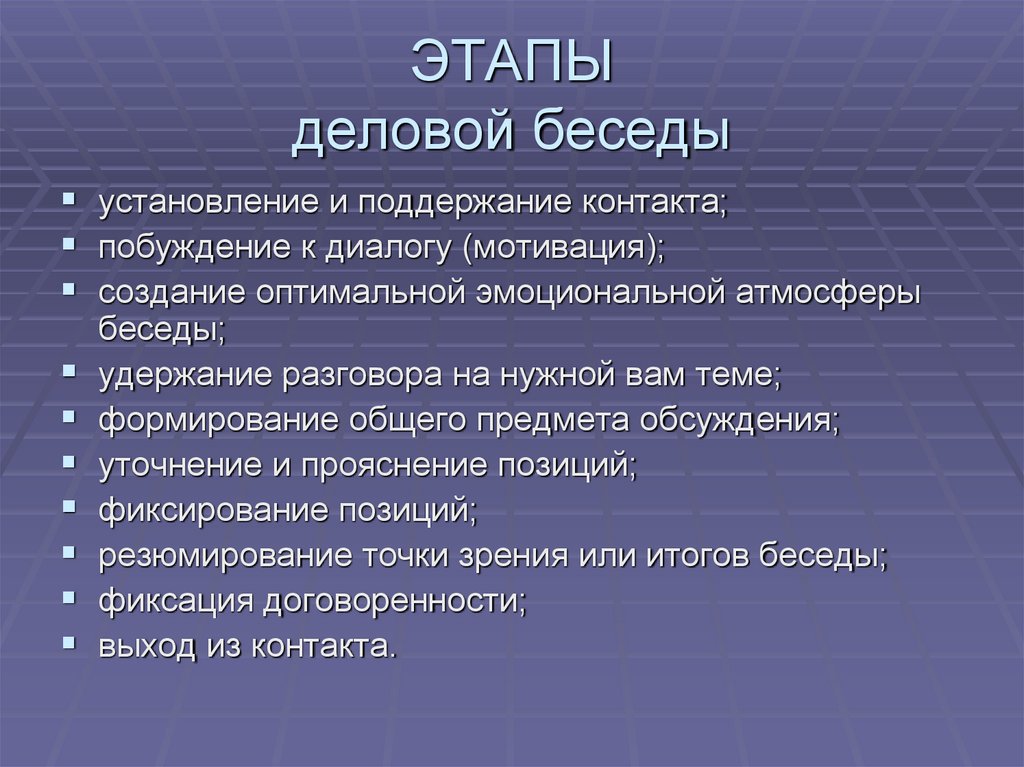 Характеристики деловой беседы. Этапы деловой беседы. Правила ведения деловой беседы. Достоинства деловой беседы.