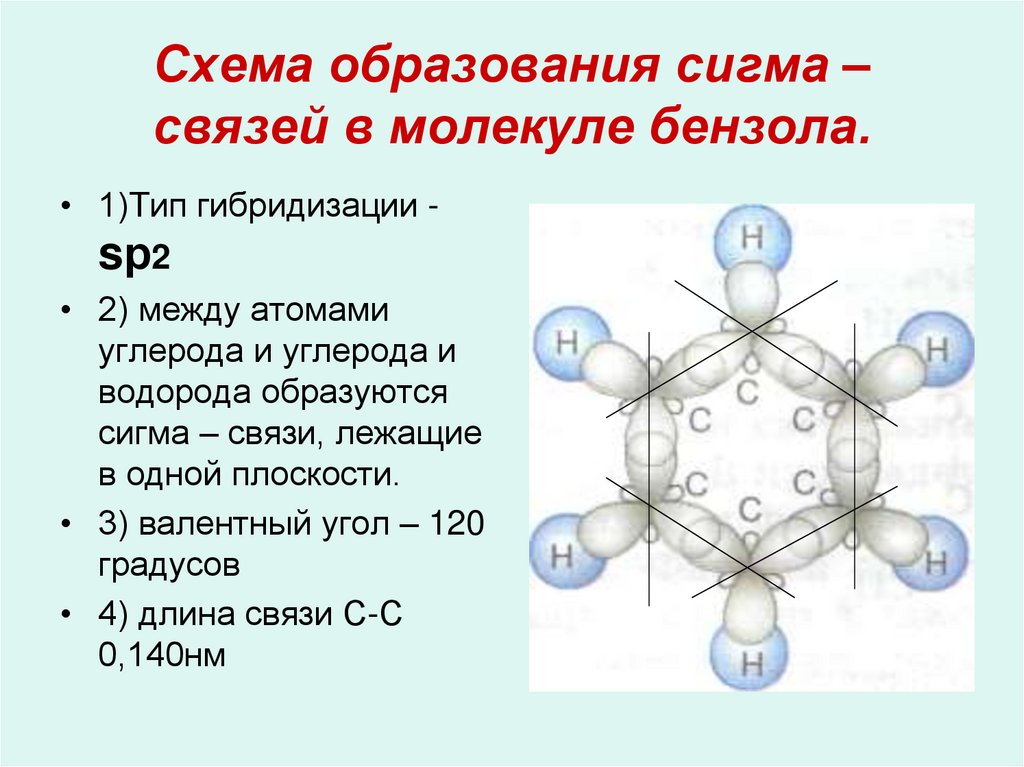 Образование сигма. Арены связь между атомами углерода. Сигма связи в молекуле бензола. Строение молекулы бензола. Виды связей в молекуле бензола.