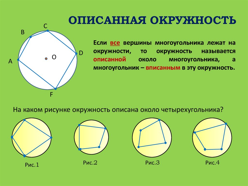 Формула описанной окружности четырехугольника. Многоугольник описанный около окружности. Окружность описанная вокруг многоугольника. Окружность описпнная колоо многоугольнрика. Описан около окружности.