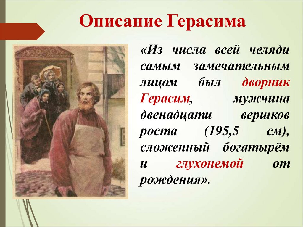 Рассказ муму ответы. Описание Герасима. Описание Герасима из Муму. Внешность Герасима.