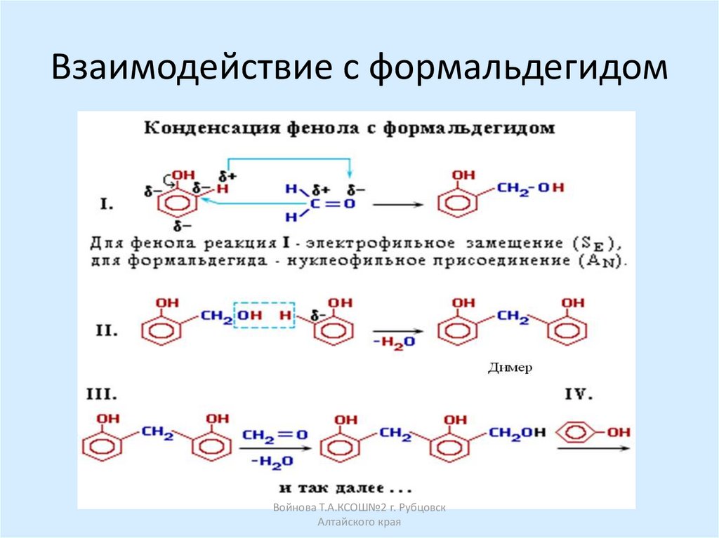 Фенол вступает в реакцию с водой. Взаимодействие с формальдегидом. Формальдегид реакции. Взаимодействие фенола с формальдегидом. Конденсация фенола с формальдегидом механизм.