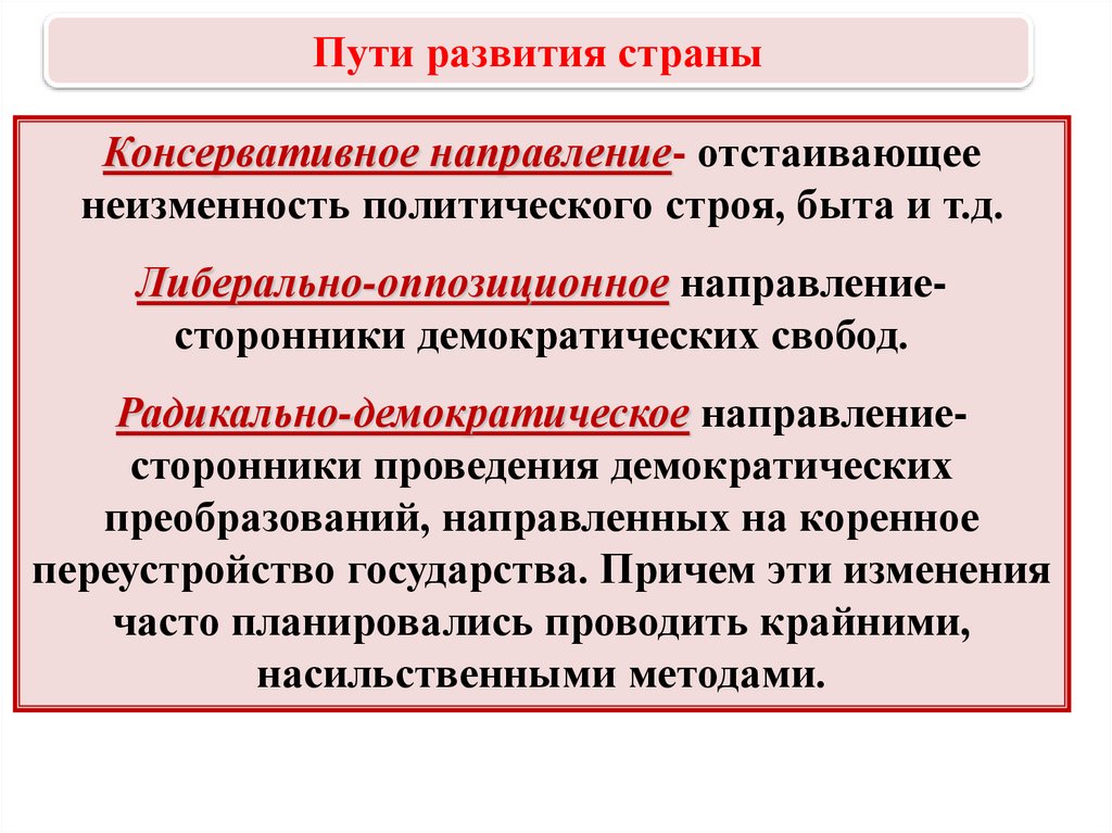 Направления консервативное либеральное радикальное представители сущность. Пути развития стран. Общественное движение при Николае радикальное направление. Представители радикального направления при Николае 1. Общественное движение это в истории.