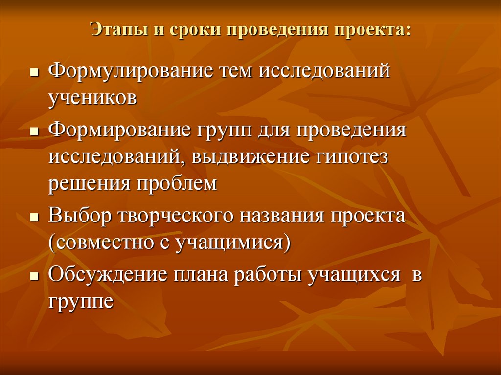 Этапы и сроки проведения проекта: