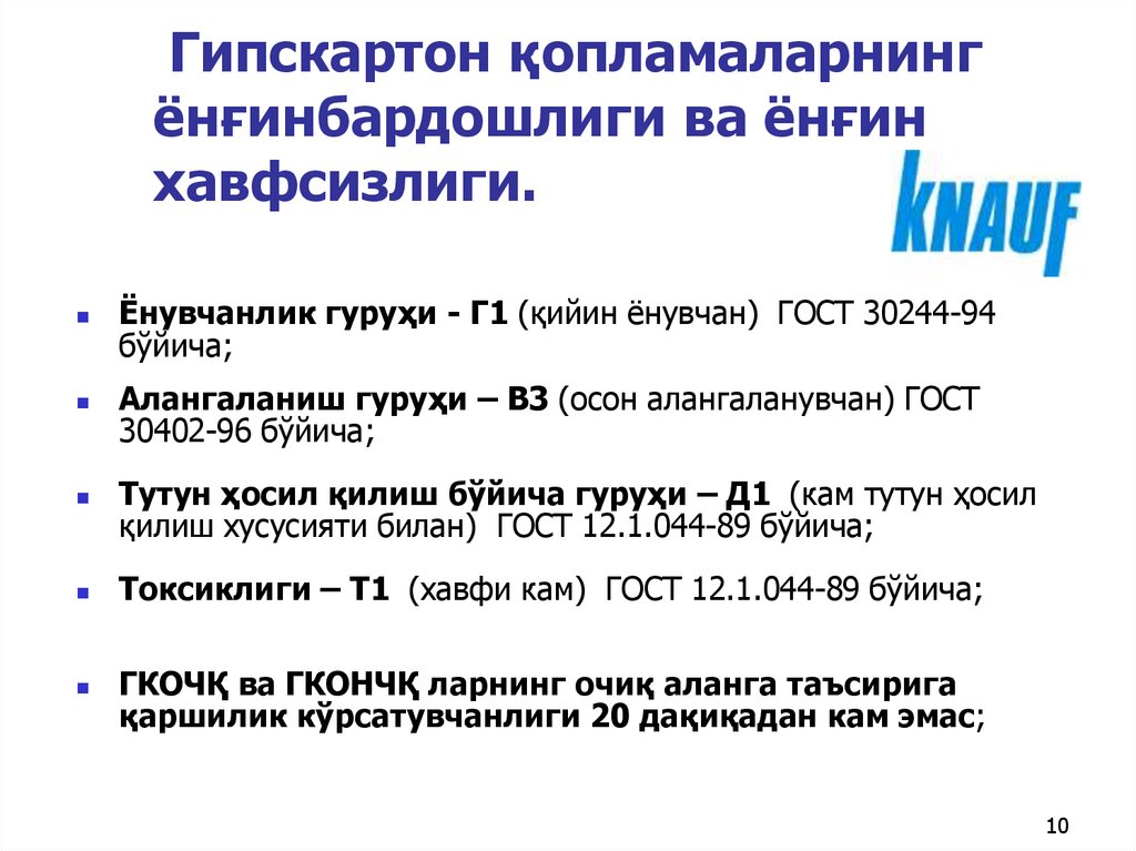 Гипскартон қопламаларнинг ёнғинбардошлиги ва ёнғин хавфсизлиги.