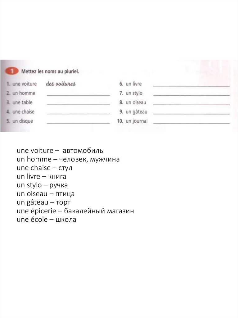 une voiture – автомобиль un homme – человек, мужчина une chaise – стул un livre – книга un stylo – ручка un oiseau – птица un