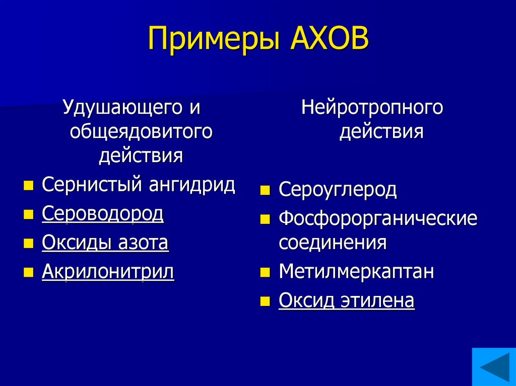 К аварийно химическим веществам относятся