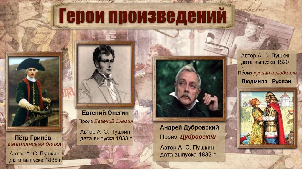 В каком произведении был персонаж. Герои произведений Пушкина. Герои произведений классицизма. Произведения марка Твена список. Список произведений м Твена.