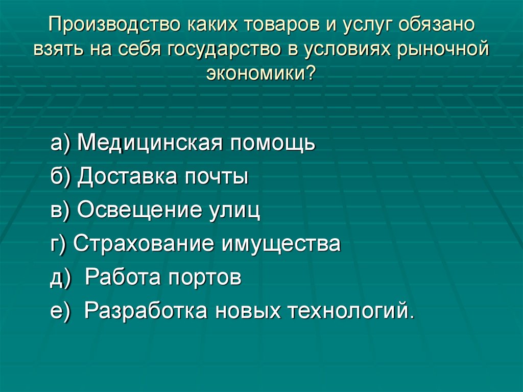 Производство каких товаров и услуг обязано взять на себя государство в условиях рыночной экономики?