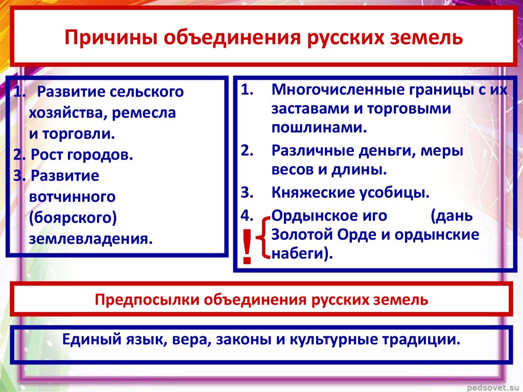 Причины объединения земель. Причины объединения русских земель. Причины объединения русских.