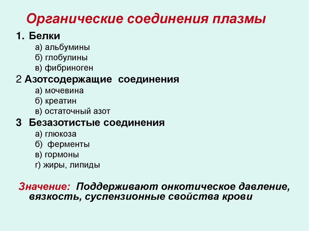 Альбумины глобулины фибриноген. Органические и неорганические вещества плазмы их значение. Основные группы органических веществ плазмы крови. Органические вещества плазмы. Азотсодержащие органические вещества плазмы крови..