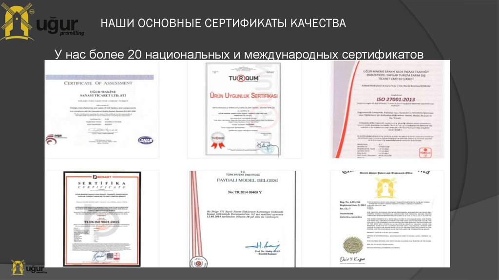 НАШИ ОСНОВНЫЕ СЕРТИФИКАТЫ КАЧЕСТВА