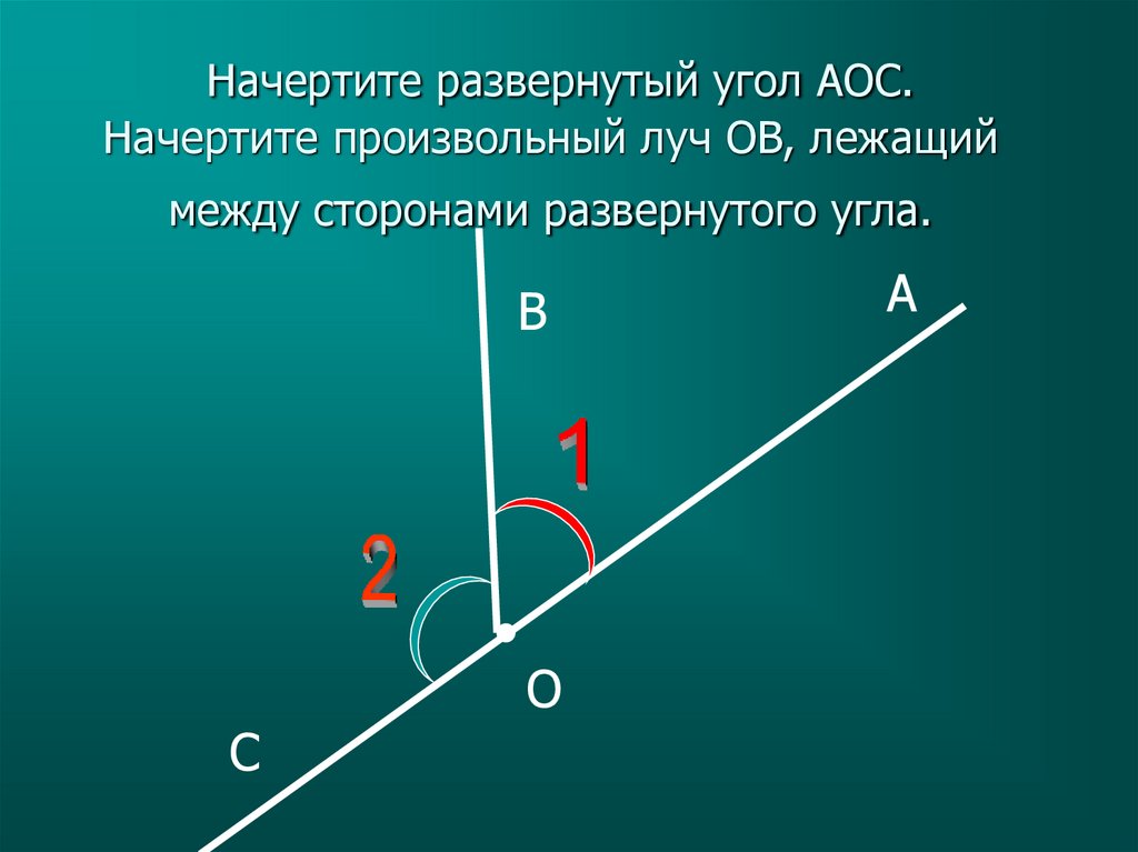 Проходит между сторонами угла. Произвольный Луч. Начертите развернутый угол. Произвольный угол. Начертите развернутый угол ∠АОС.