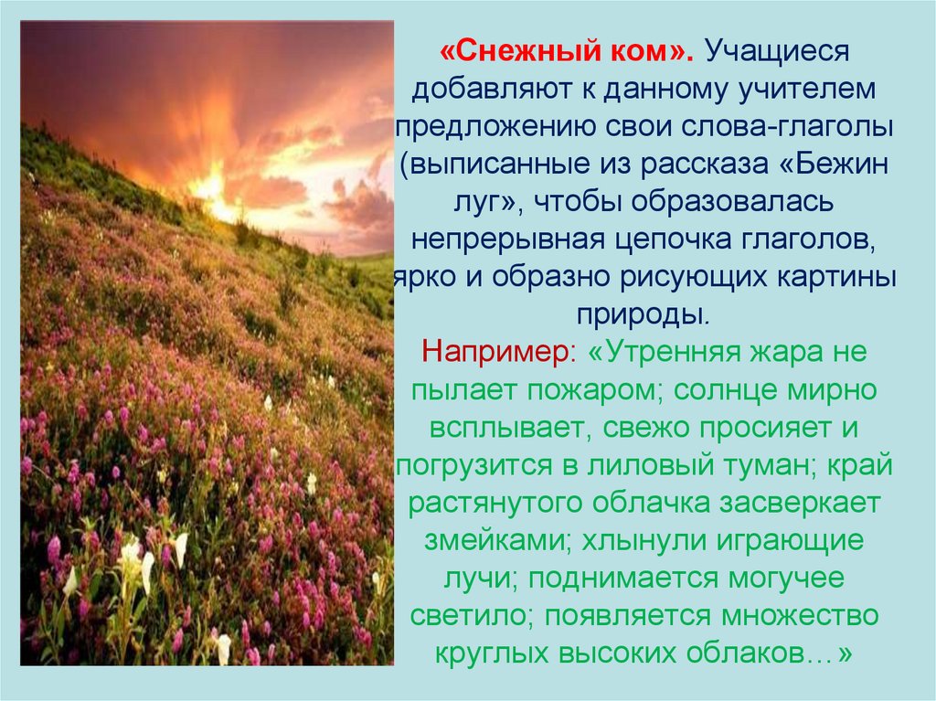«Снежный ком». Учащиеся добавляют к данному учителем предложению свои слова-глаголы (выписанные из рассказа «Бежин луг», чтобы