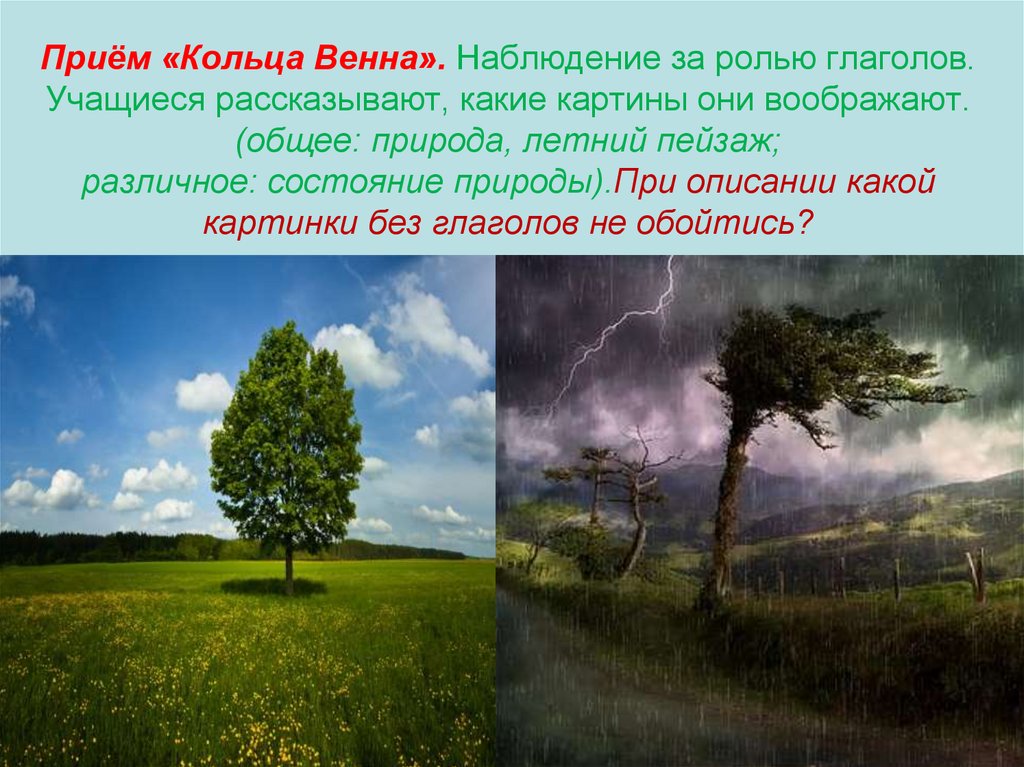 Приём «Кольца Венна». Наблюдение за ролью глаголов. Учащиеся рассказывают, какие картины они воображают. (общее: природа,