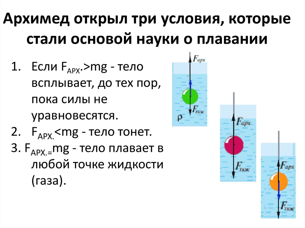 Архимед открыл три условия, которые стали основой науки о плавании